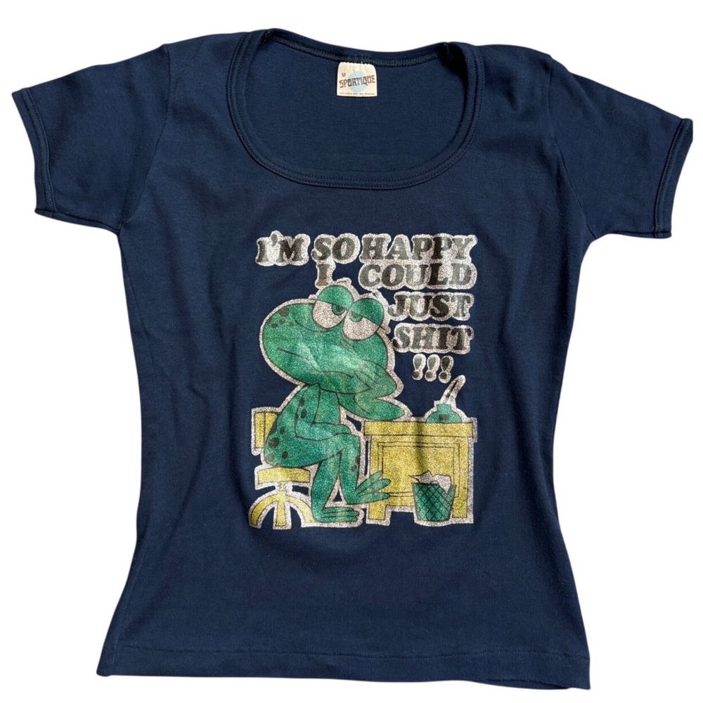 Vintage 70s 80s Sportique Navy Blue Glitter Frog T-Shirt I'm So Happy Humor Tee